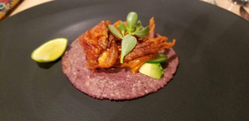 Soft shell crab taco with Pumpkin molé