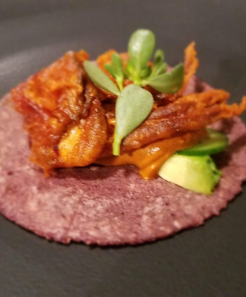 Soft shell crab taco with Pumpkin molé
