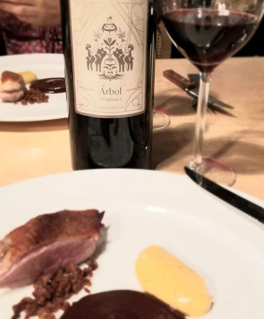 Duck (super crunchy) with aioli of habanero chile mole sauce, paired with an Arbol organic wine from their sister property Finca la Carrodilla