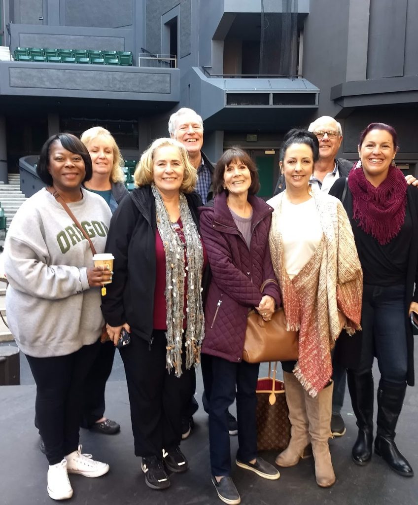 Greta on the left, writers group at Elizabethan Theater photo by Don Sonderling