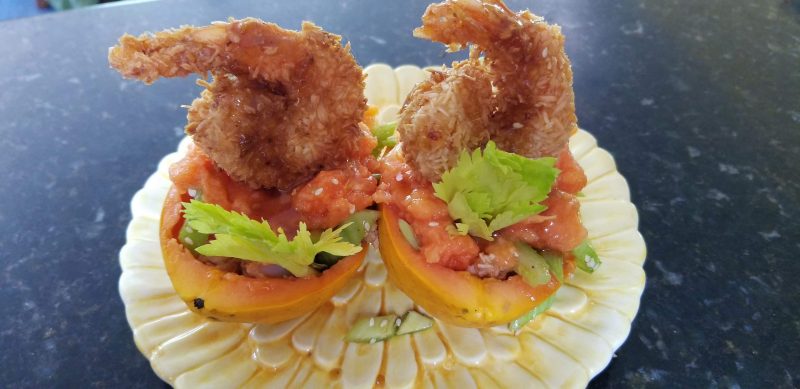 Coconut shrimp in Papaya and Celery salad
