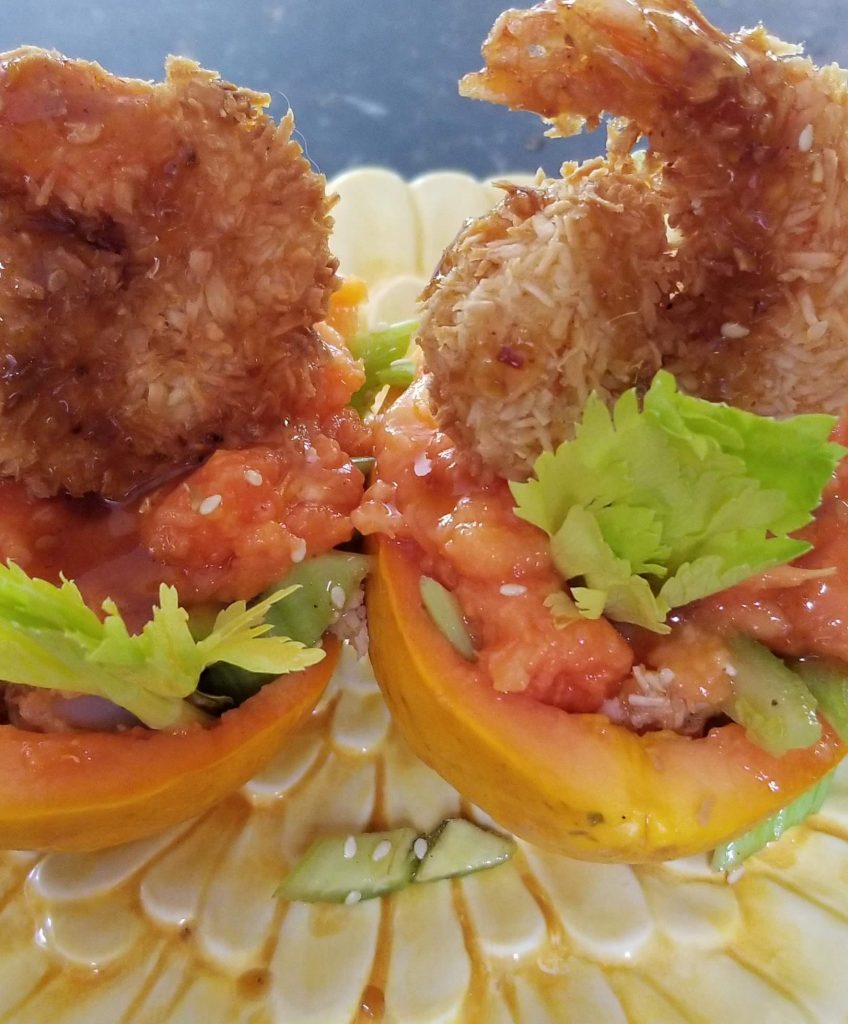 Coconut shrimp in Papaya and Celery salad