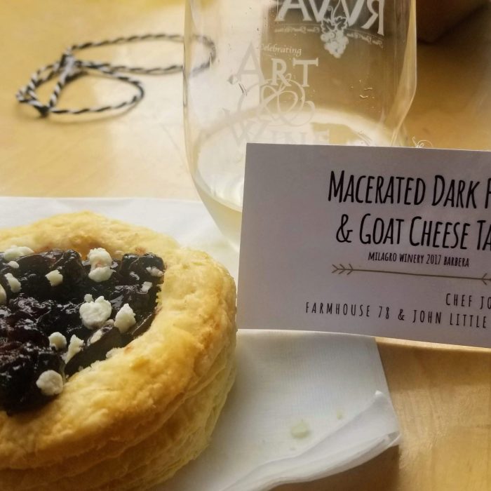 Farmhouse 78 pairs a macerated dark fruit and goat cheese tart with Milagro wines